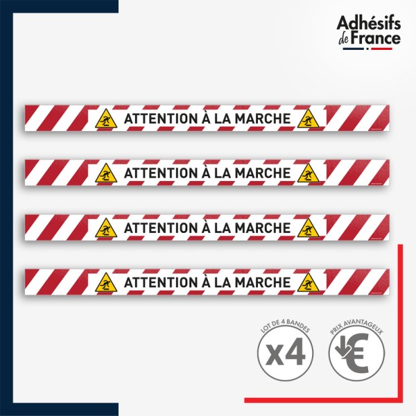 Adhésif sol antidérapant - Bande rouge et blanche - Attention à la marche pour marquage entreprise, entrepôt. Lot de 4.