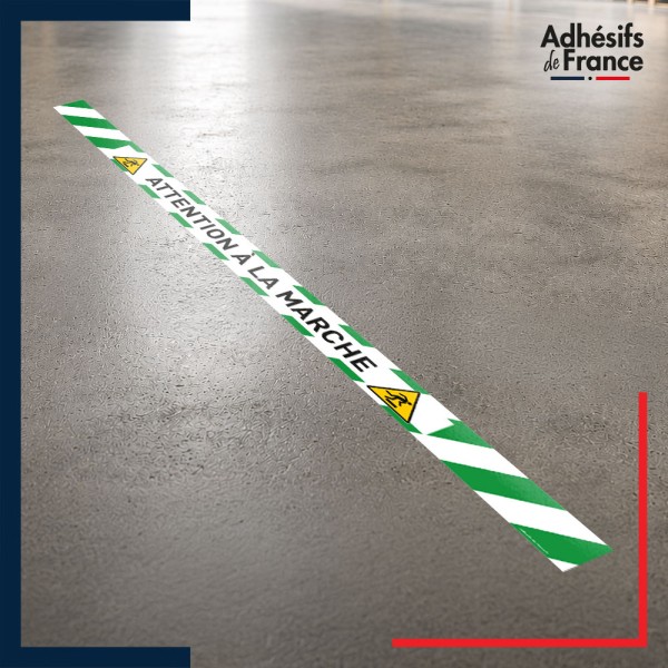 Bande adhésive de sécurité pour délimiter les zones. Bande verte et blanche - Attention à la marche