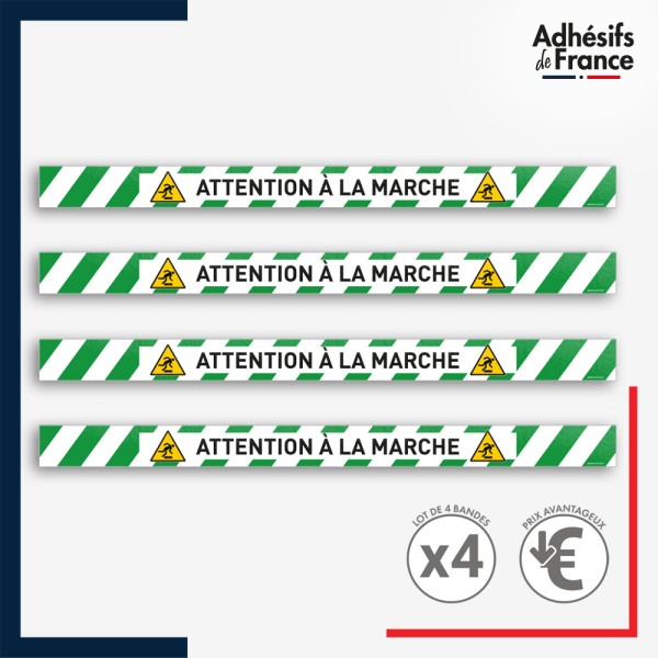 Adhésif sol antidérapant - Bande verte et blanche - Attention à la marche pour marquage entreprise, entrepôt. Lot de 4.