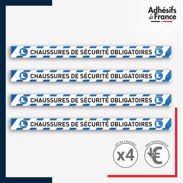 Adhésif sol antidérapant - Bande bleue et blanche - Chaussures sécurité obligatoires pour marquage entreprises. Lot de 4.