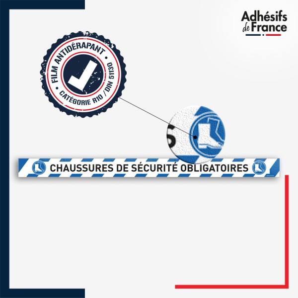 Vinyle adhésif antidérapant haute résistance avec plastification R10. Bande bleue et blanche - Chaussures sécurité obligatoires