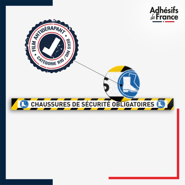 Vinyle adhésif antidérapant haute résistance avec plastification R10. Bande jaune et noire - Chaussures sécurité obligatoires
