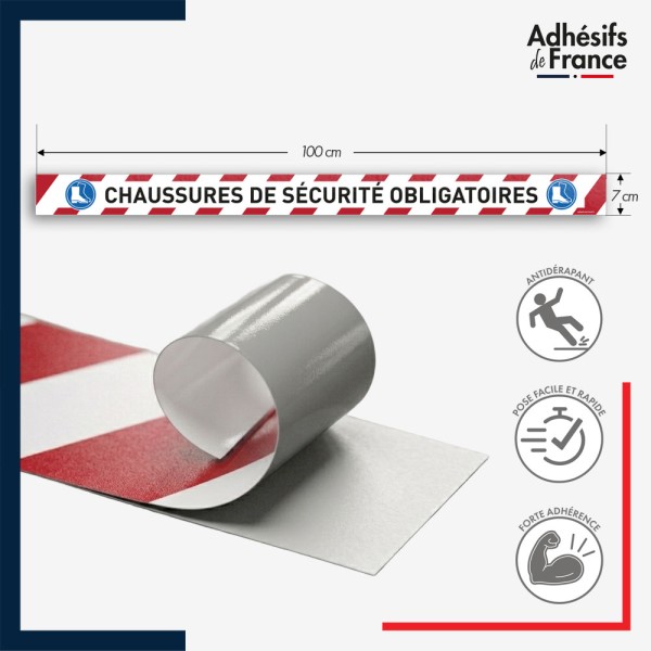 Marquage adhésif au sol antidérapant facile à poser - Bande rouge et blanche - Chaussures de sécurité obligatoires