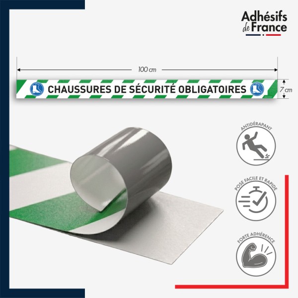 Marquage adhésif au sol antidérapant facile à poser - Bande verte et blanche - Chaussures de sécurité obligatoires