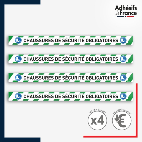 Bande adhésive de sécurité pour délimiter les zones. Bande verte et blanche - Chaussures de sécurité obligatoires