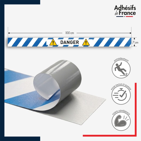 Marquage adhésif au sol antidérapant facile à poser - Bande bleue et blanche - Danger