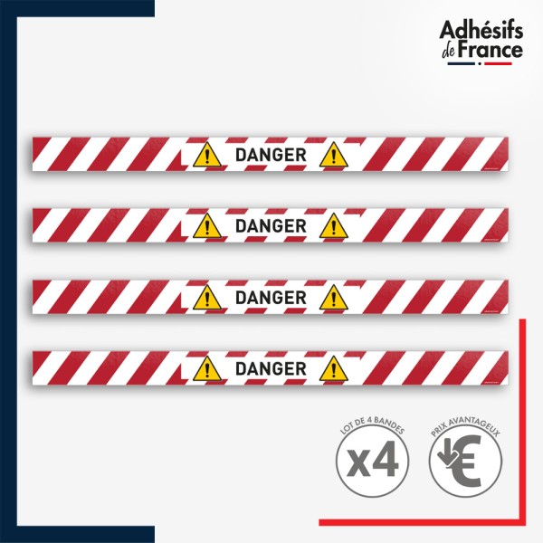 Adhésif sol antidérapant - Bande rouge et blanche - Danger pour marquage entreprise, entrepôt. Lot de 4.