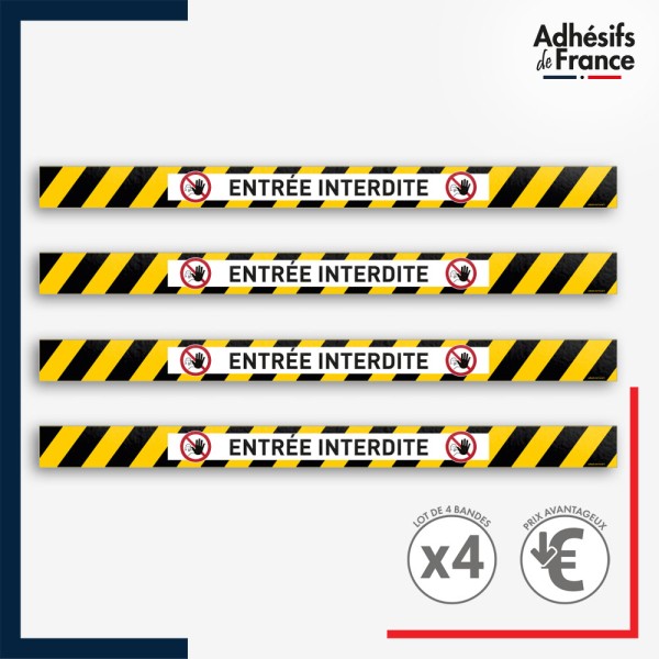 Adhésif sol antidérapant - Bande jaune et noire - Entrée interdite pour marquage entreprise, entrepôt. Lot de 4.