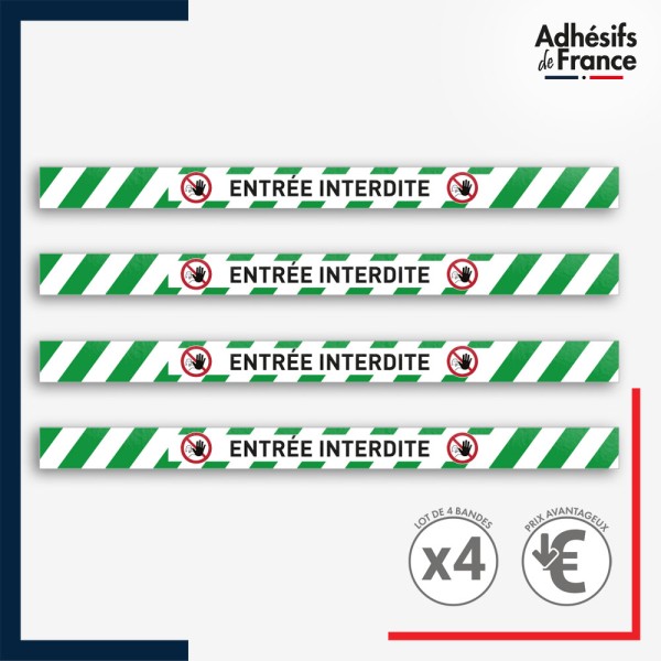 Adhésif sol antidérapant - Bande verte et blanche - Entrée interdite pour marquage entreprise, entrepôt. Lot de 4.
