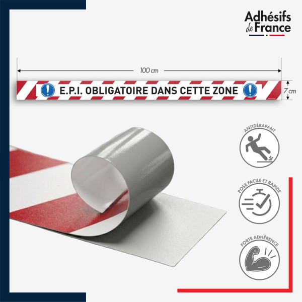 Marquage adhésif au sol antidérapant facile à poser - Bande rouge et blanche - EPI obligatoire
