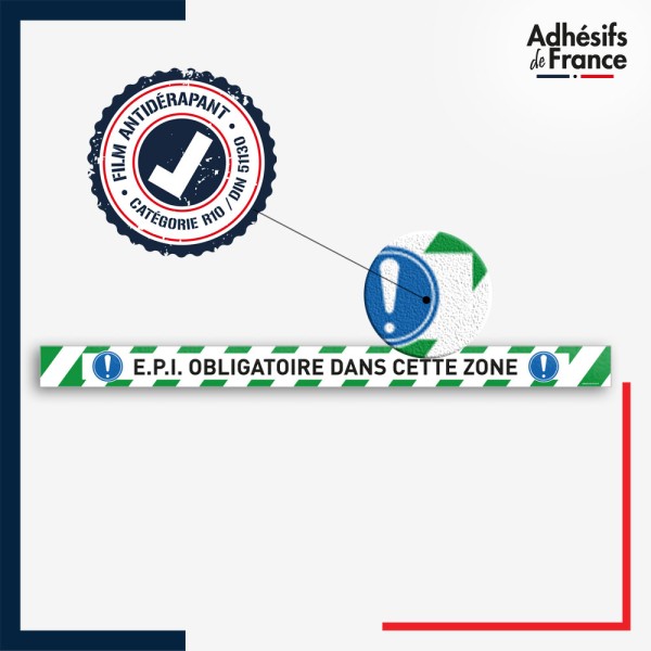 Vinyle adhésif antidérapant haute résistance avec plastification R10. Bande verte et blanche - EPI obligatoire