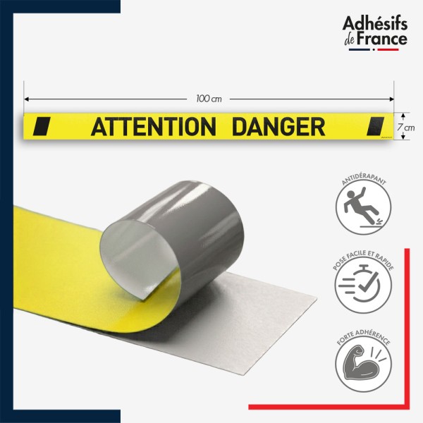 Marquage adhésif au sol antidérapant facile à poser - Bande attention danger