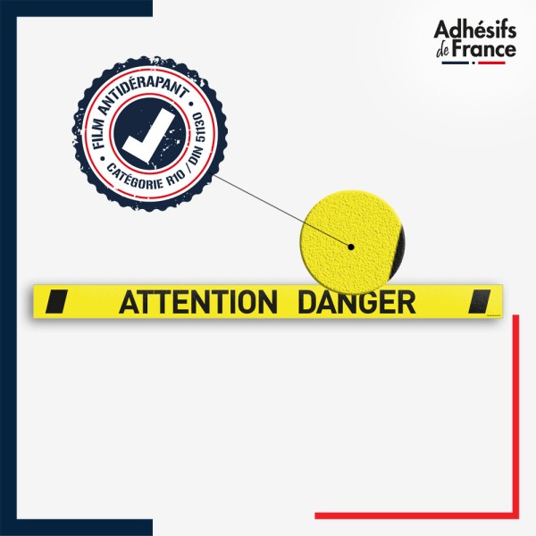 Vinyle adhésif antidérapant haute résistance avec plastification R10. Bande attention danger