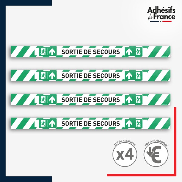 Adhésif sol antidérapant - Bande verte et blanche - Sortie de secours pour marquage entreprise, entrepôt. Lot de 4.