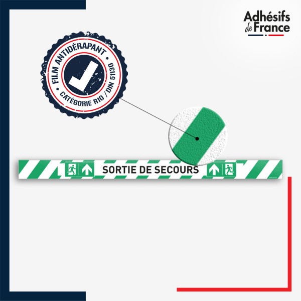 Vinyle adhésif antidérapant haute résistance avec plastification R10. Bande verte et blanche - Sortie de secours