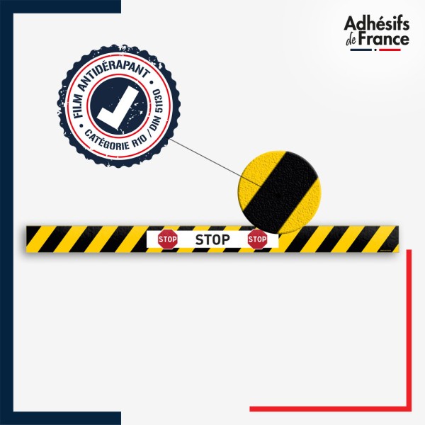 Vinyle adhésif antidérapant haute résistance avec plastification R10. Bande jaune et noire - Stop