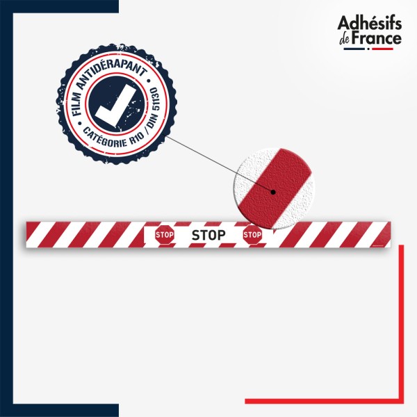 Vinyle adhésif antidérapant haute résistance avec plastification R10. Bande rouge et blanche - Stop