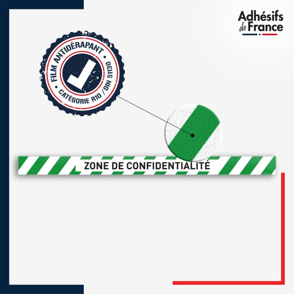 Vinyle adhésif antidérapant haute résistance avec plastification R10. Bande verte et blanche - Zone de confidentialité