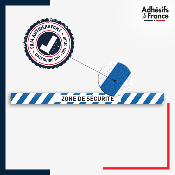 Vinyle adhésif antidérapant haute résistance avec plastification R10. Bande bleue et blanche - Zone de sécurité