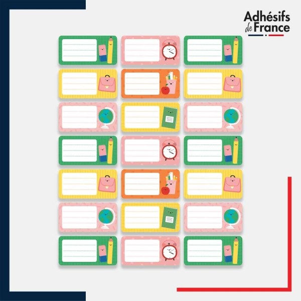 Planche étiquettes nom prénom scolaire  gomme crayon, réveil, globe, pot à crayons, cahier, sac à dos
