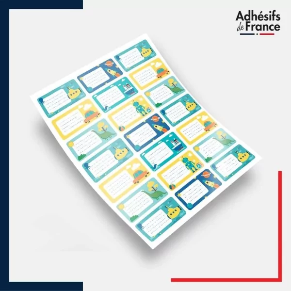 Planche étiquettes scolairesous-marin, voiture, bateau, fusée, dinosaure et robot