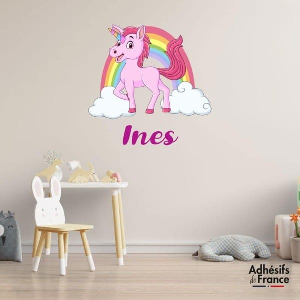 Sticker licorne arc en ciel prénom personnalisable