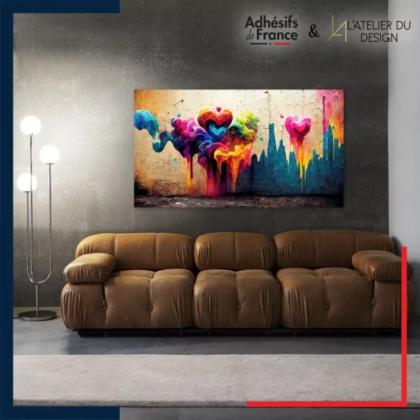 Tableau aluminium sur mur décor Street Art - Cœurs colorés