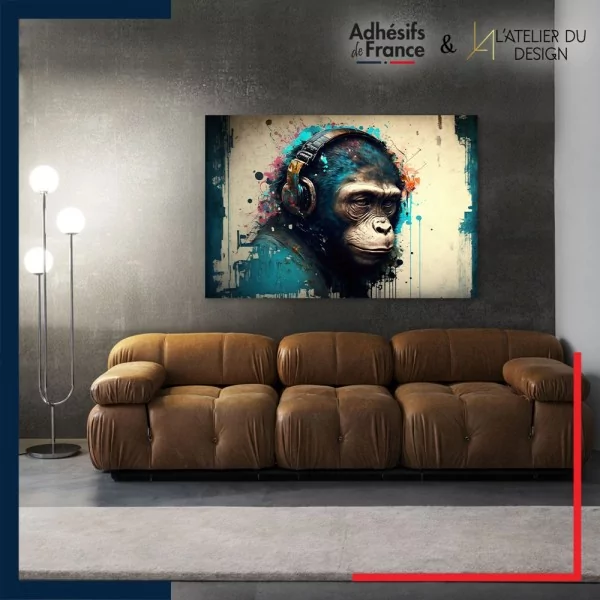 Tableau aluminium sur mur décor Pop Art - Singe avec casque audio