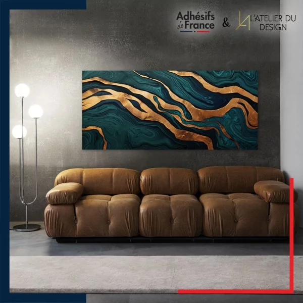 Tableau aluminium sur mur décor Art contemporain - Marbre or et turquoise