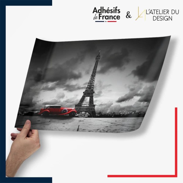 Adhésif Nature - Noir et Blanc - Tour Eiffel et voiture rouge