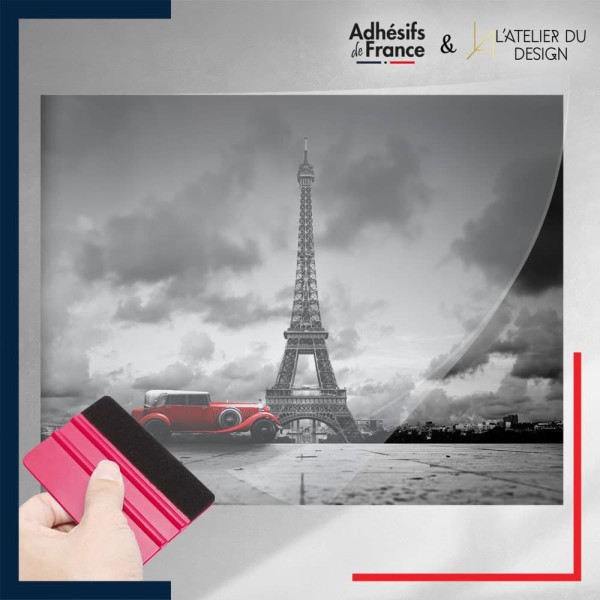 adhésif autocollant sous film Noir et Blanc - Tour Eiffel et voiture rouge